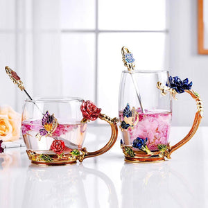 Handgemachte 3D Emaille Blumen Glas Kaffeetasse mit Löffel