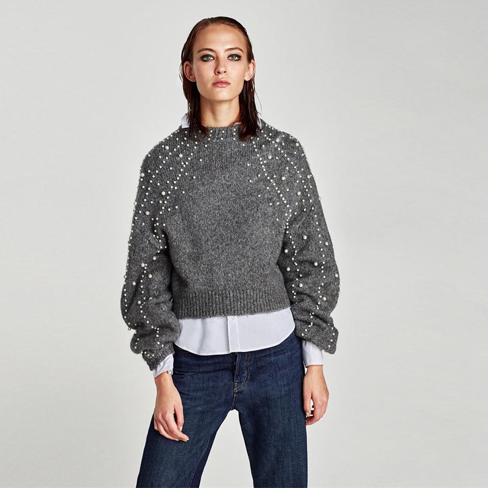 Rundhalsausschnitt lose kurze Perle dekorative Pullover