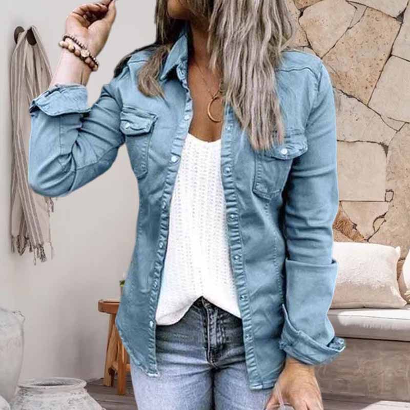 Einfarbige Plissierte Jeansjacke mit Reverskragen