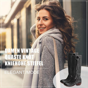 Damen Vintage Quaste Knot Kniehohe Stiefel