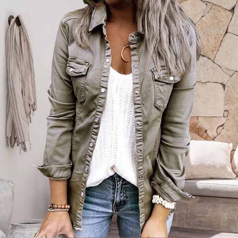 Einfarbige Plissierte Jeansjacke mit Reverskragen