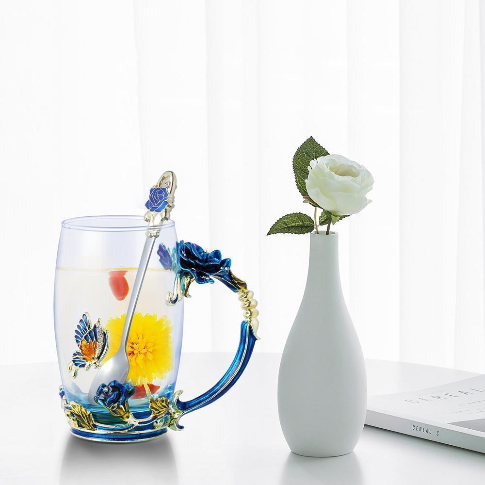 Handgemachte 3D Emaille Blumen Glas Kaffeetasse mit Löffel